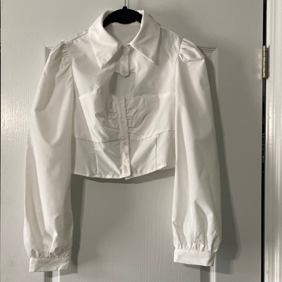 SHEIN MOD White Cropped Button-Up Blouse Women’s Size L - Picture 1 of 2